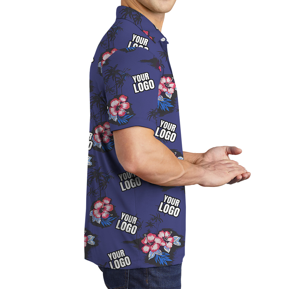 Navy Hibiscus Vintage Polo Shirt With Custom Logo