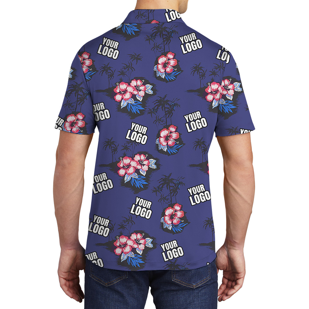 Navy Hibiscus Vintage Polo Shirt With Custom Logo