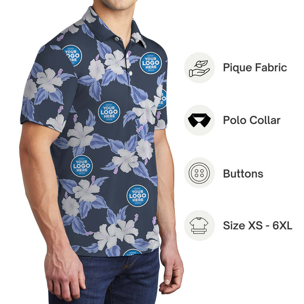 Floral Navy Polo Shirt With Custom Multiple Logos
