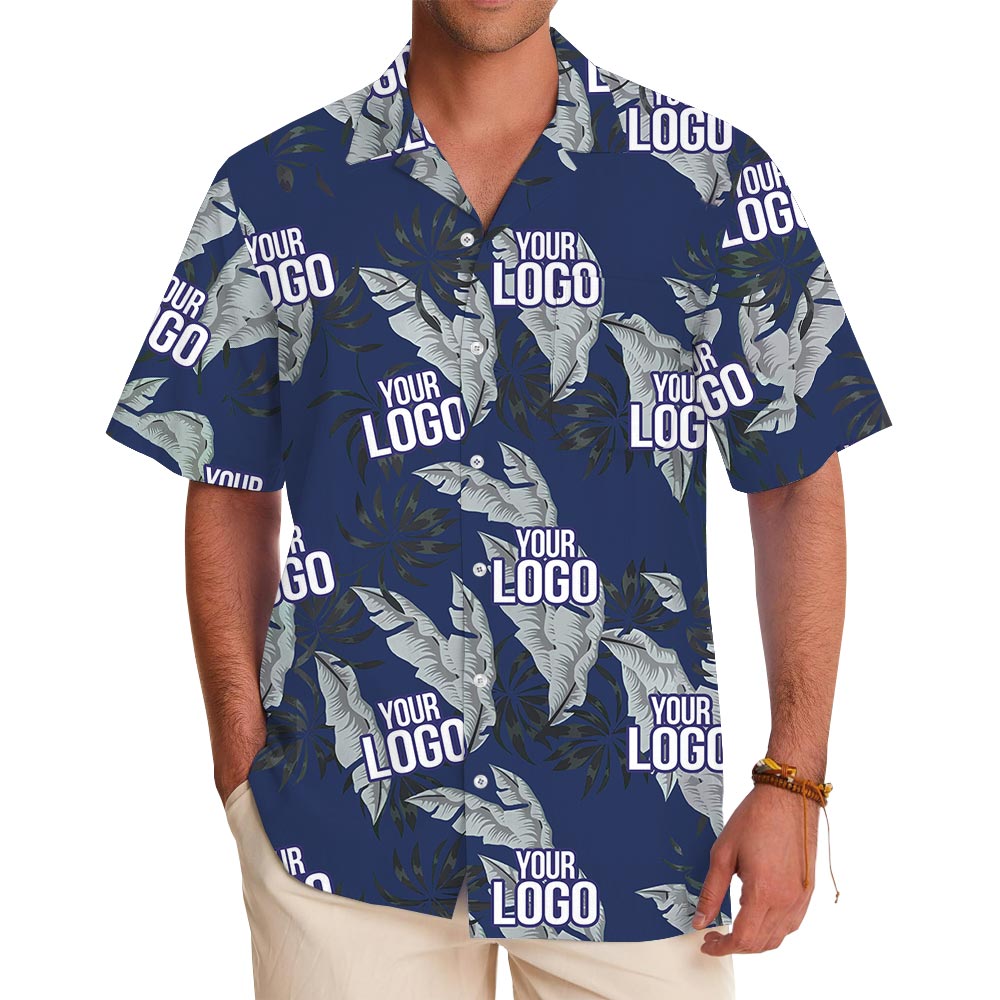 Navy Tropical Leaf Custom Logo Summer Beach Shirt - variant image 1