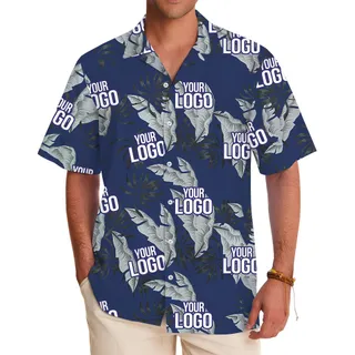 Navy Tropical Leaf Custom Logo Summer Beach Shirt