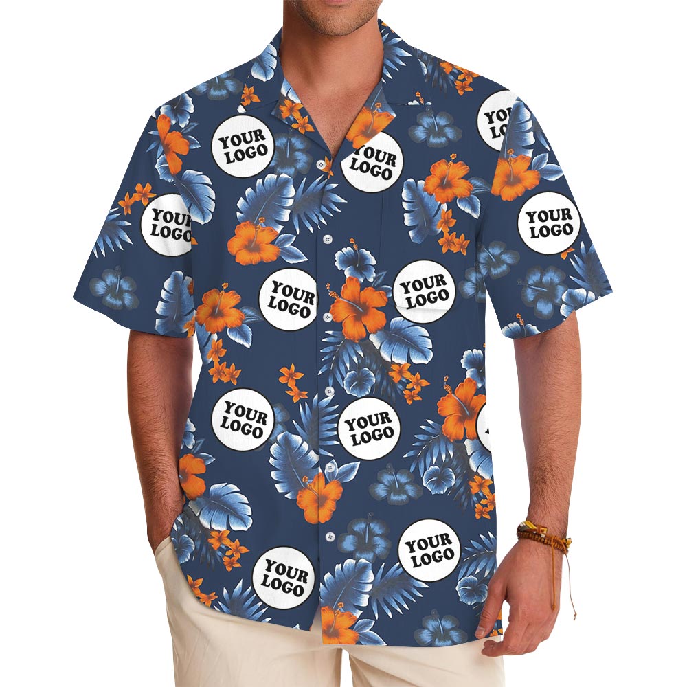 Customize Group Logo Navy Hibiscus Button Up Hawaiian Shirt - variant image 1
