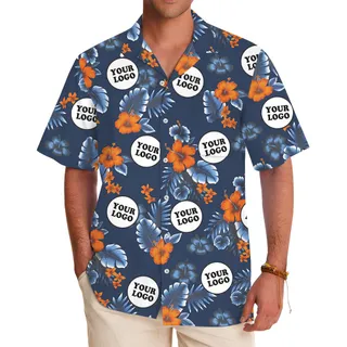 Customize Group Logo Navy Hibiscus Button Up Hawaiian Shirt