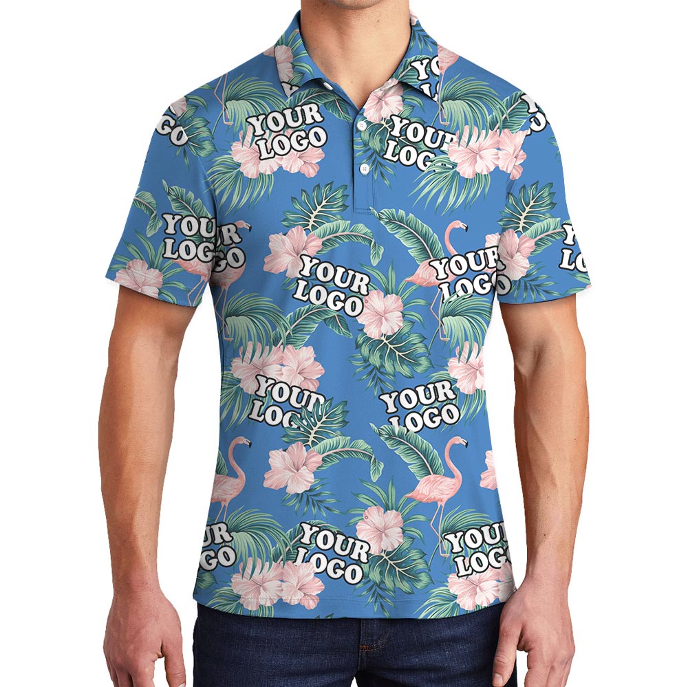 Pink Flowers Blue Polo Shirt Custom Logo For Team - variant image 1
