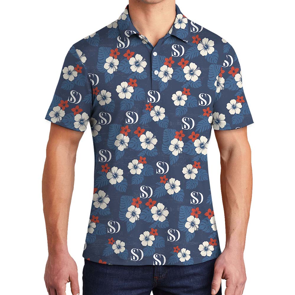 White Navy Floral Polo Shirts With Logo On Them - variant image 1