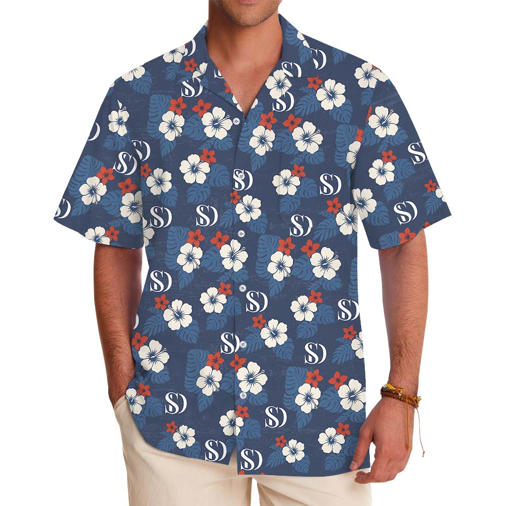 White And Navy Aloha Shirt With Custom Logo - variant image 1