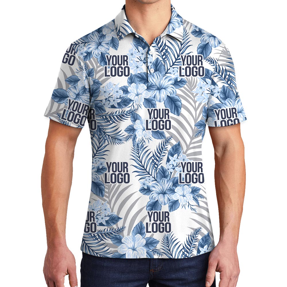Custom Company Logo Blue Hibiscus White Tropical Polo Shirt - variant image 1
