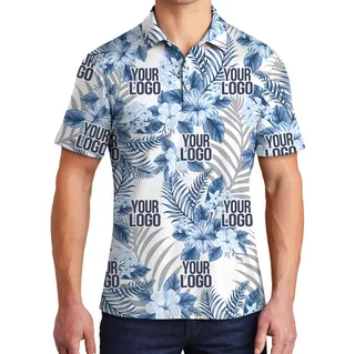 Custom Company Logo Blue Hibiscus White Tropical Polo Shirt