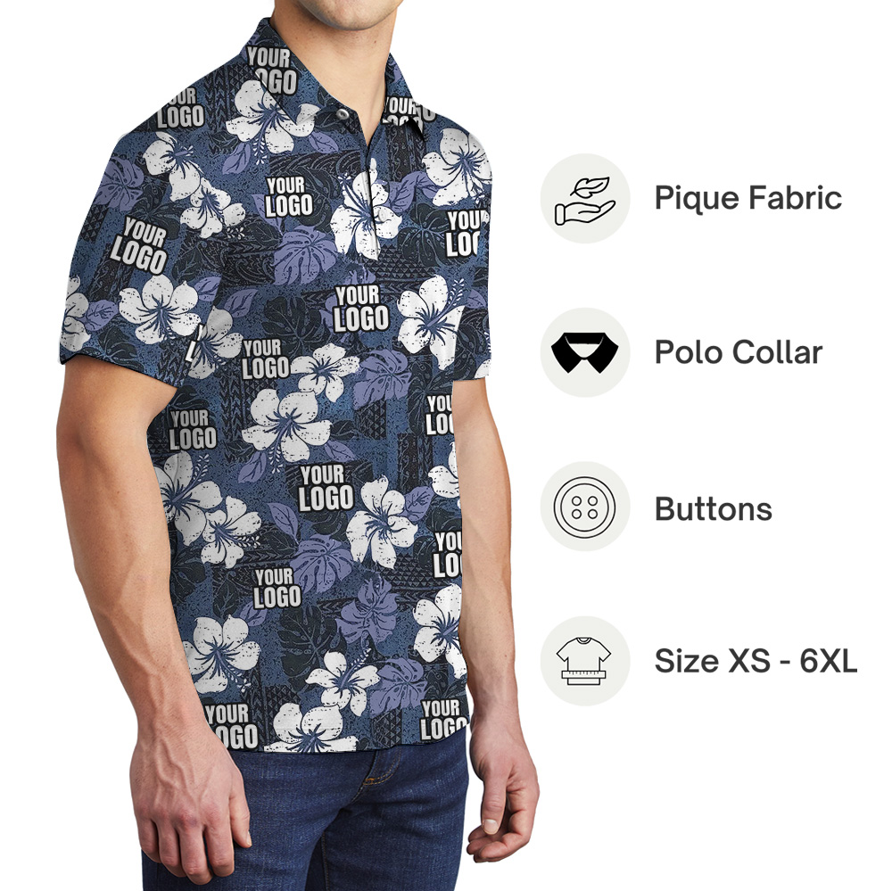 Custom Company Logo Vintage Floral Navy Polo Shirt