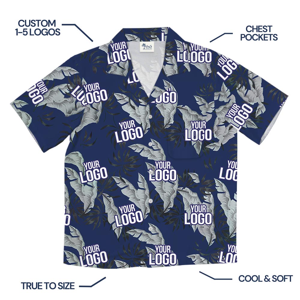 Navy Tropical Leaf Custom Logo Summer Beach Shirt