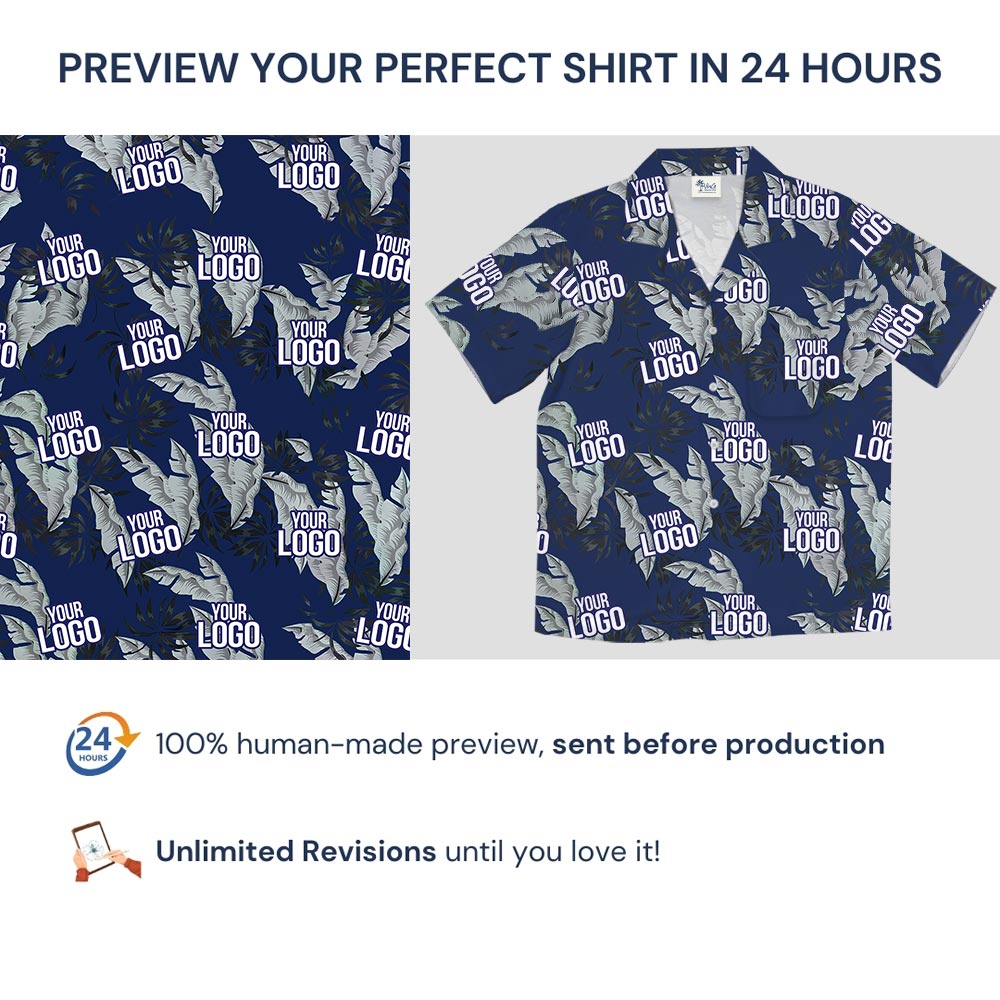 Navy Tropical Leaf Custom Logo Summer Beach Shirt
