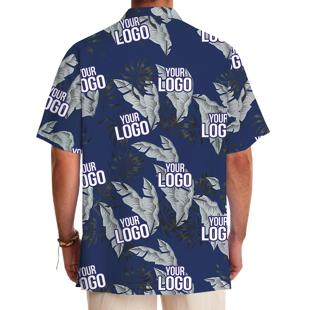 Navy Tropical Leaf Custom Logo Summer Beach Shirt