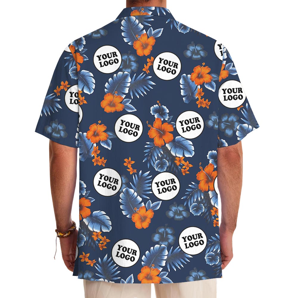 Customize Group Logo Navy Hibiscus Button Up Hawaiian Shirt
