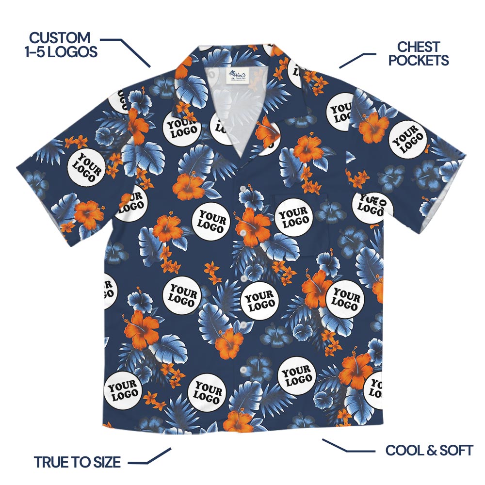 Customize Group Logo Navy Hibiscus Button Up Hawaiian Shirt