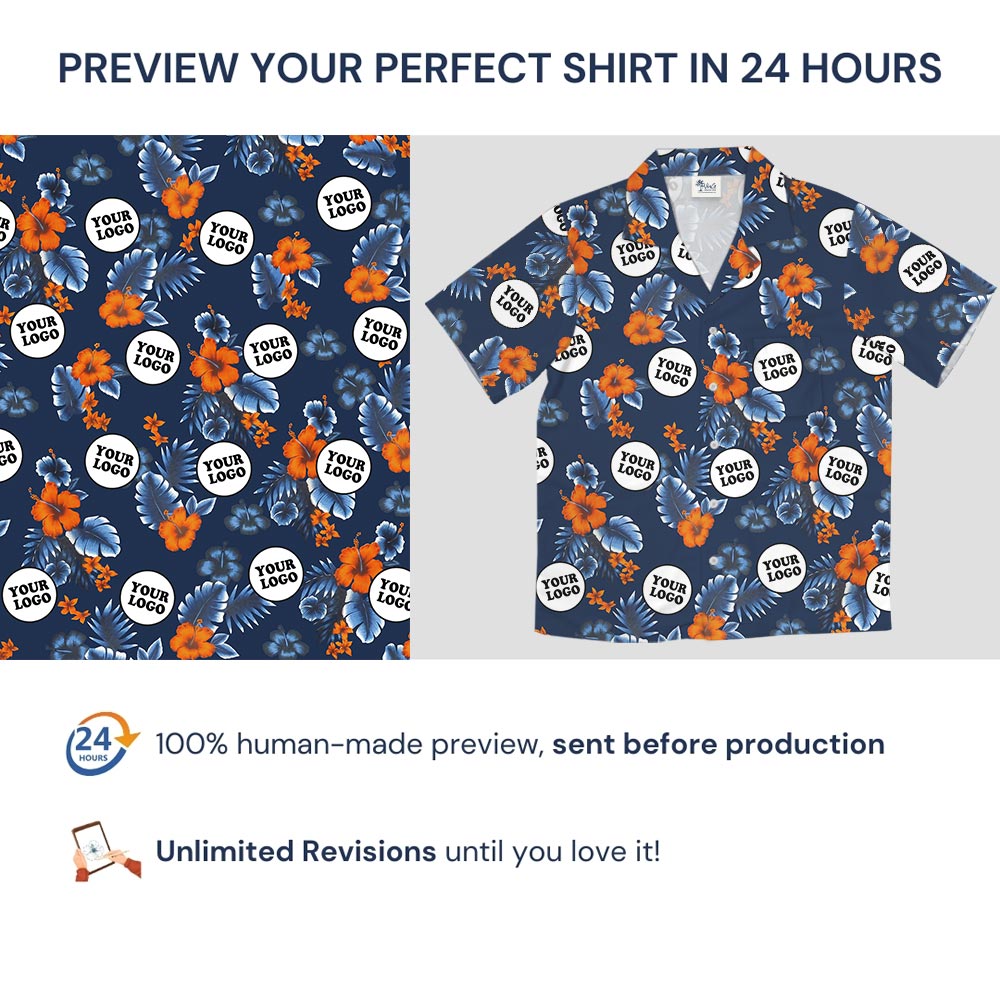 Customize Group Logo Navy Hibiscus Button Up Hawaiian Shirt