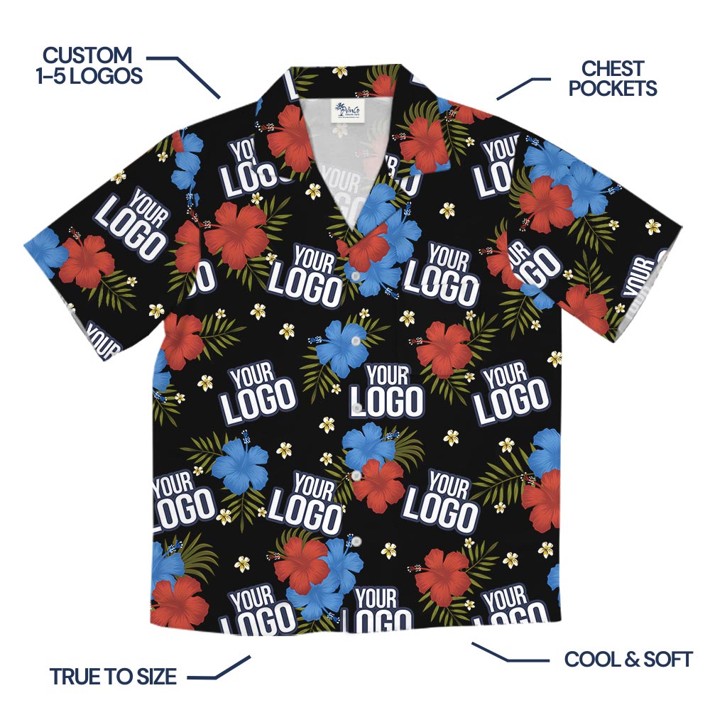 Black Floral Custom Aloha Shirts With Company Logo