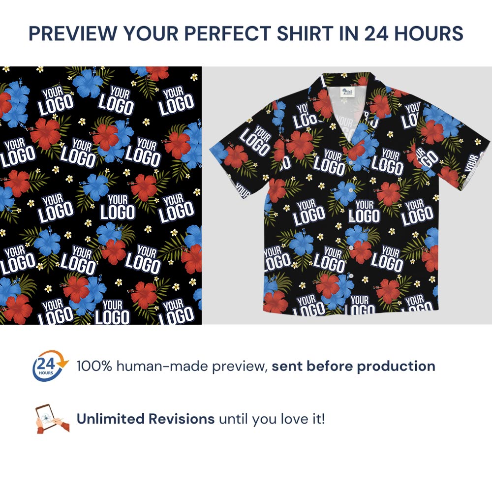 Black Floral Custom Aloha Shirts With Company Logo