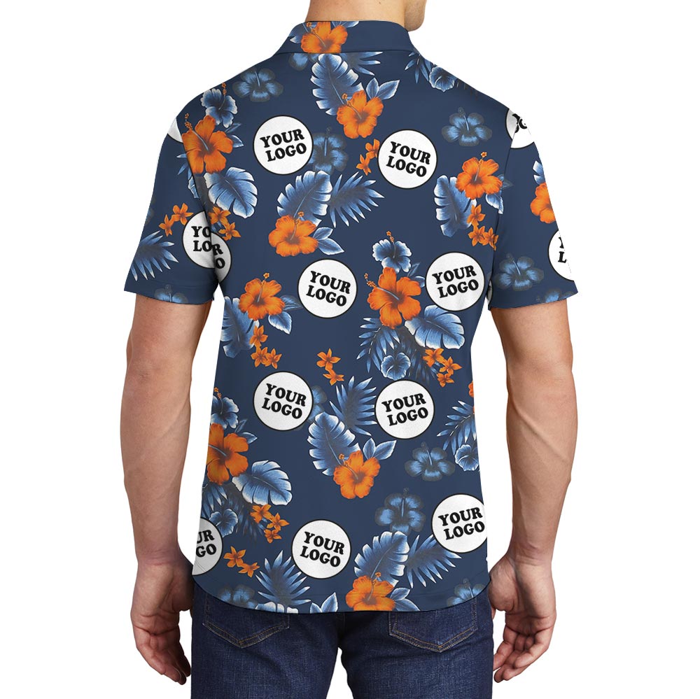 Customize Group Logo Navy Hibiscus Polo Shirt