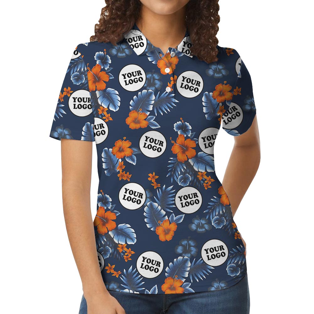 Customize Group Logo Navy Hibiscus Polo Shirt