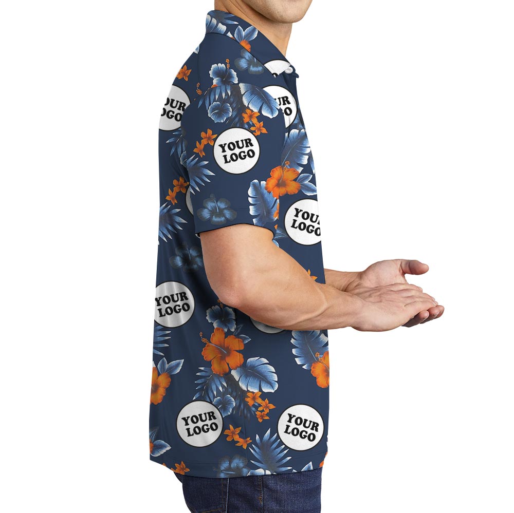 Customize Group Logo Navy Hibiscus Polo Shirt
