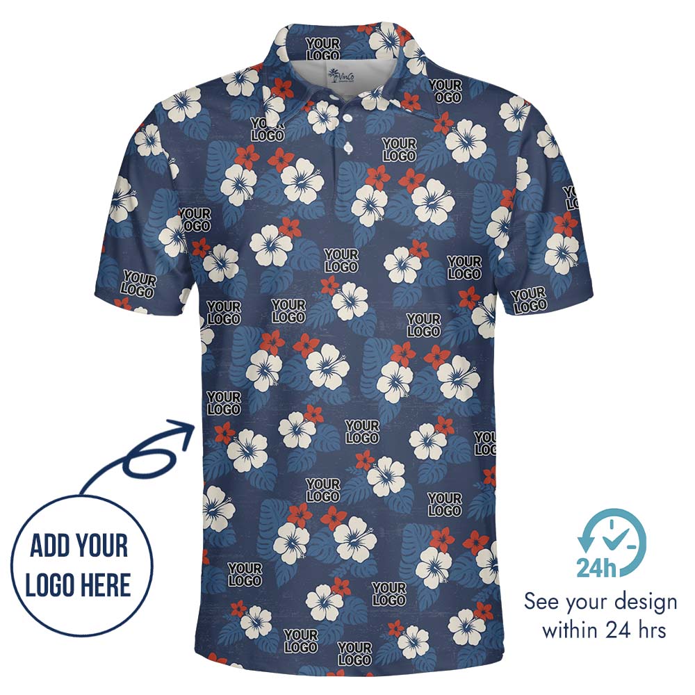 White Navy Floral Polo Shirts With Logo On Them