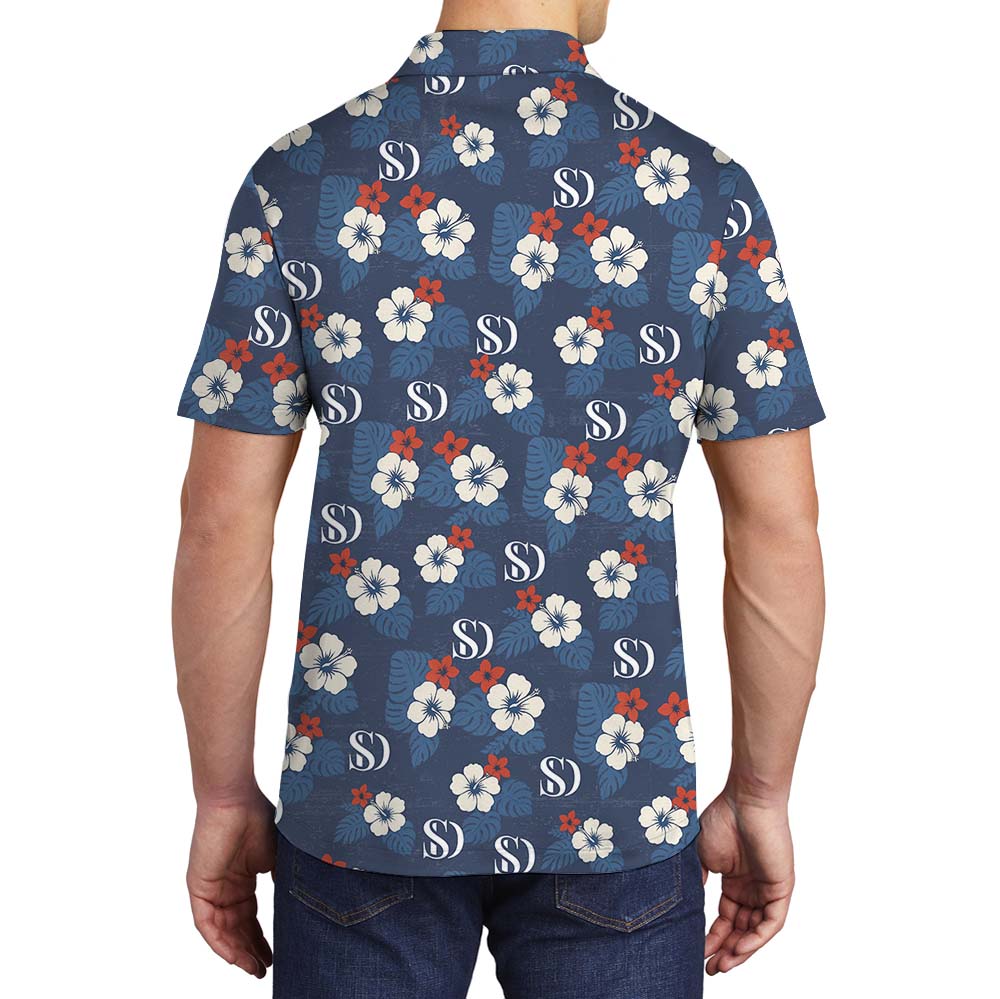 White Navy Floral Polo Shirts With Logo On Them