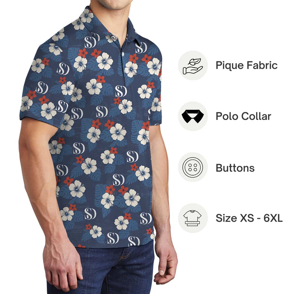White Navy Floral Polo Shirts With Logo On Them