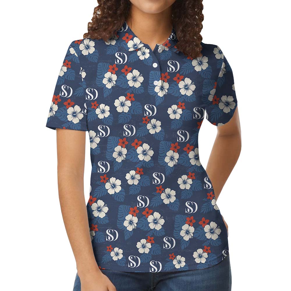 White Navy Floral Polo Shirts With Logo On Them
