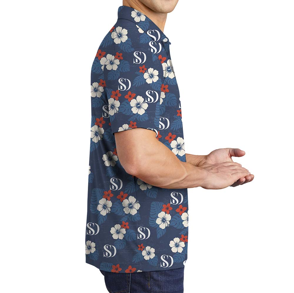 White Navy Floral Polo Shirts With Logo On Them