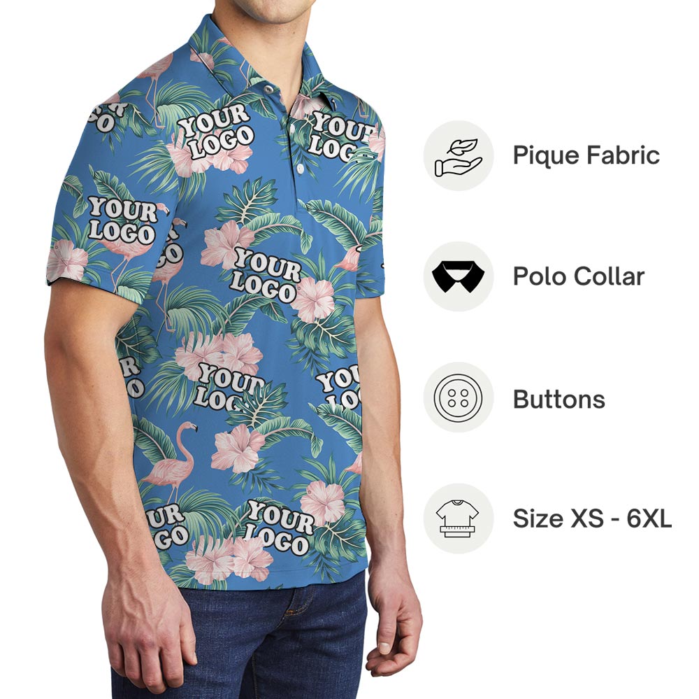 Pink Flowers Blue Polo Shirt Custom Logo For Team