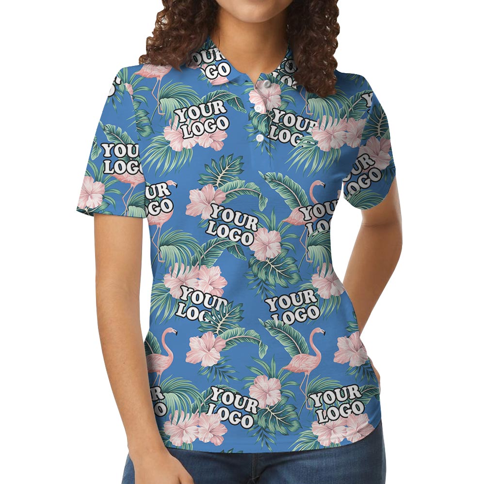 Pink Flowers Blue Polo Shirt Custom Logo For Team