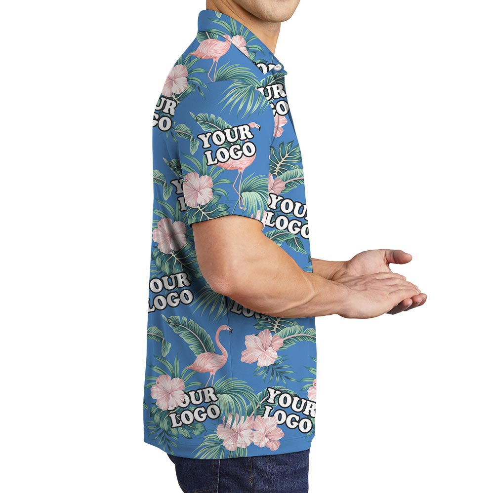 Pink Flowers Blue Polo Shirt Custom Logo For Team