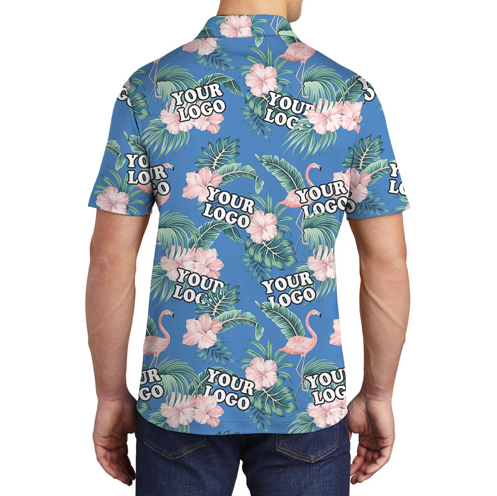 Pink Flowers Blue Polo Shirt Custom Logo For Team