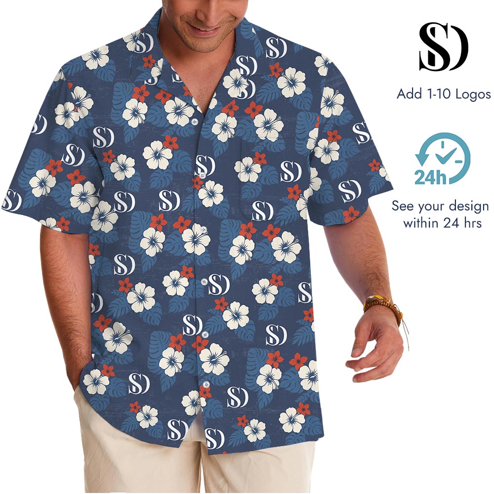 White And Navy Aloha Shirt With Custom Logo