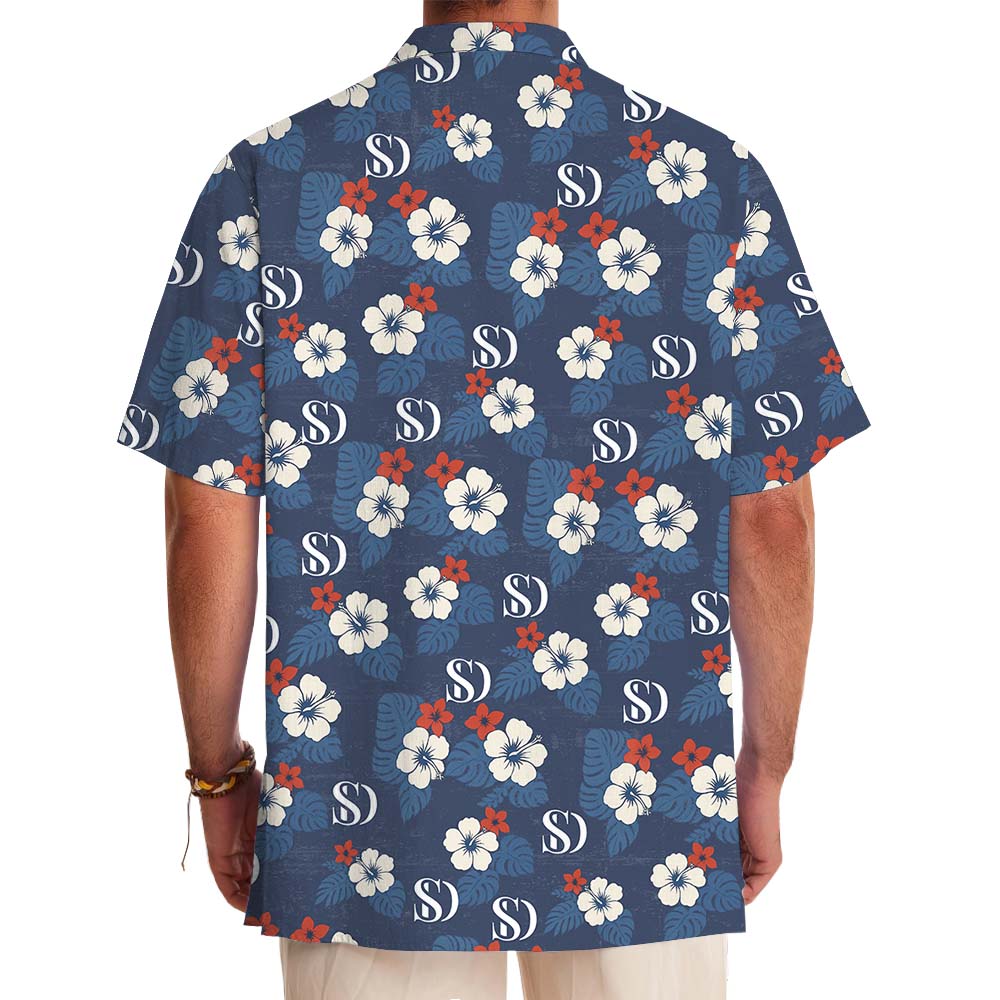 White And Navy Aloha Shirt With Custom Logo