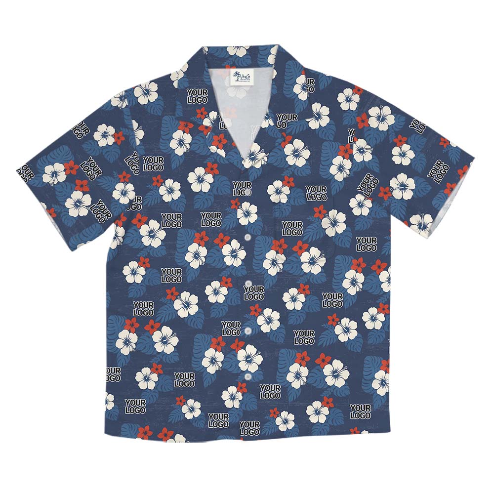 White And Navy Aloha Shirt With Custom Logo