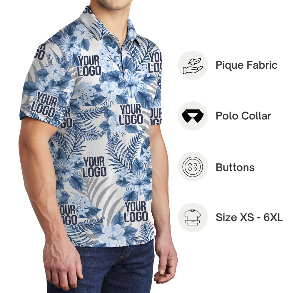 Custom Company Logo Blue Hibiscus White Tropical Polo Shirt