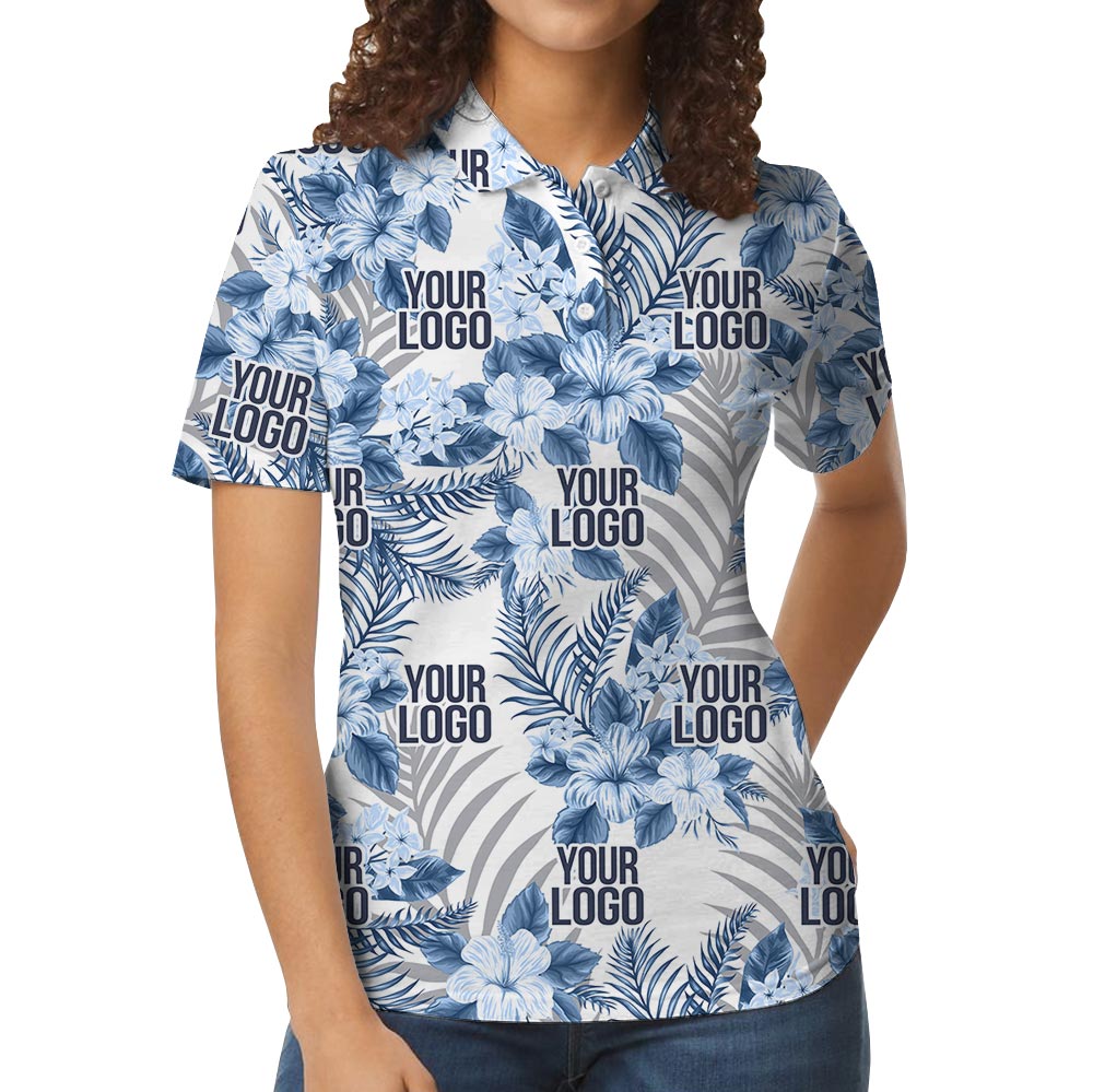 Custom Company Logo Blue Hibiscus White Tropical Polo Shirt