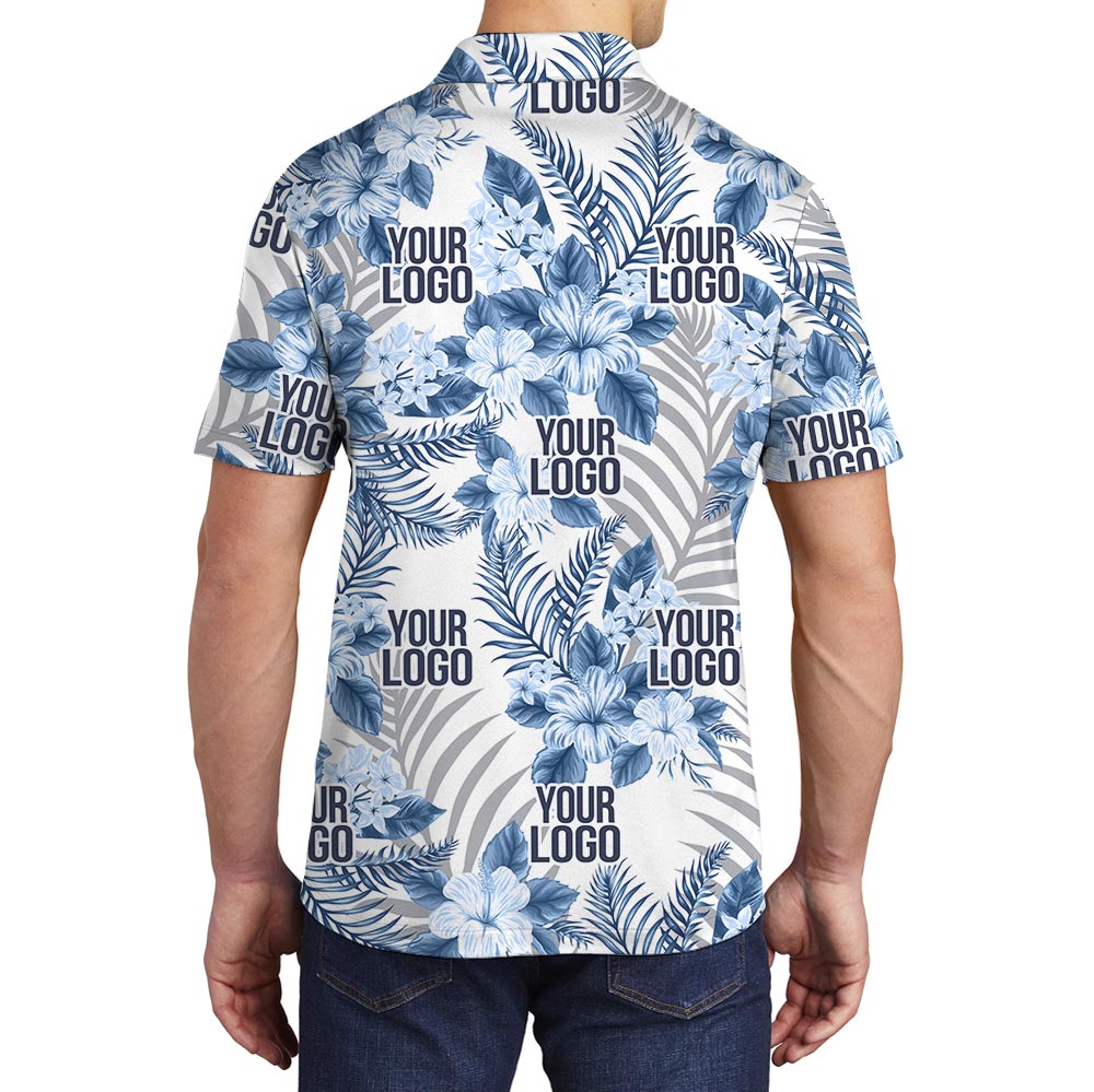 Custom Company Logo Blue Hibiscus White Tropical Polo Shirt