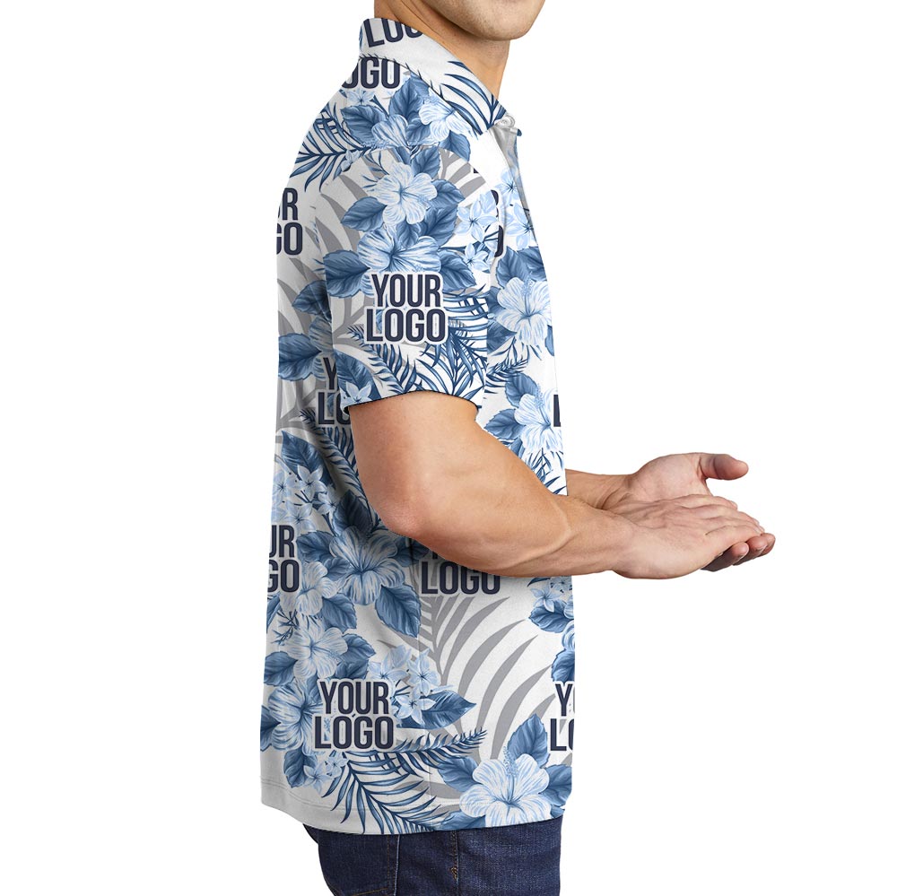 Custom Company Logo Blue Hibiscus White Tropical Polo Shirt