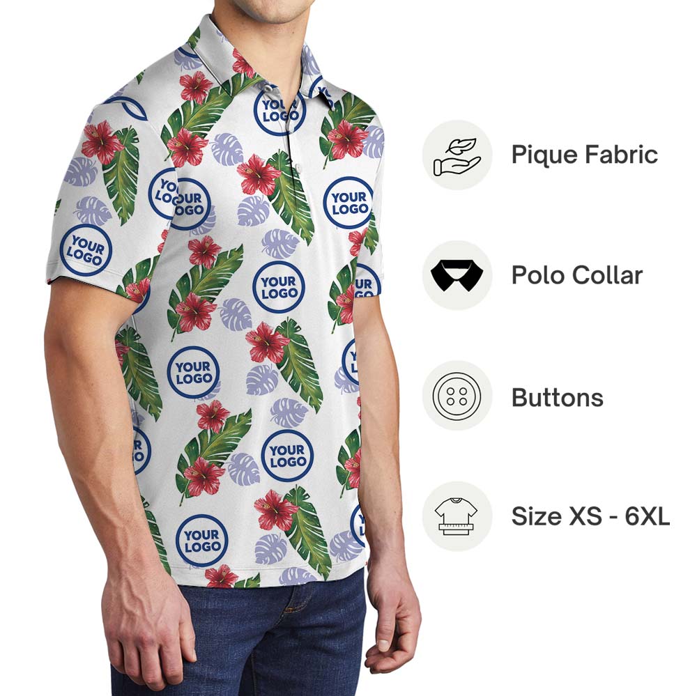 Hibiscus Collared Polo Shirt With Custom Up To 10 Logos