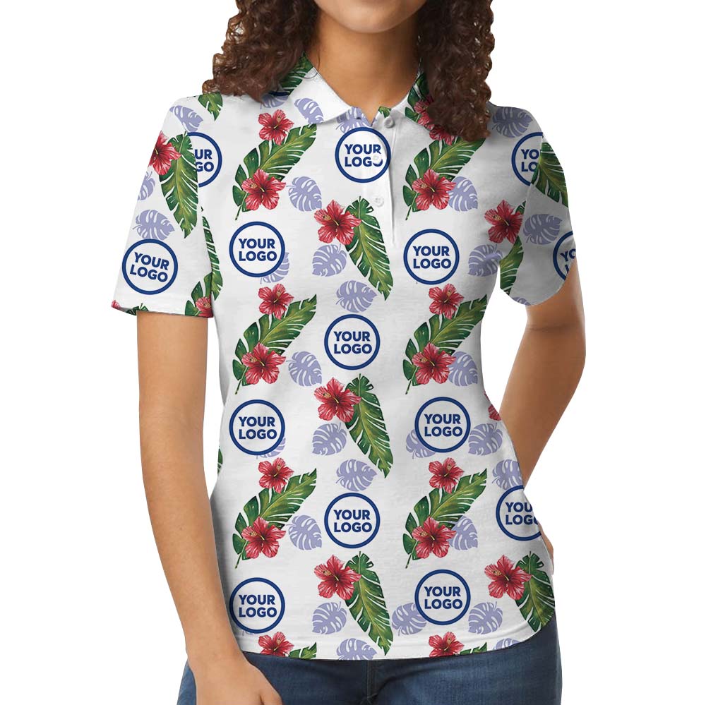 Hibiscus Collared Polo Shirt With Custom Up To 10 Logos