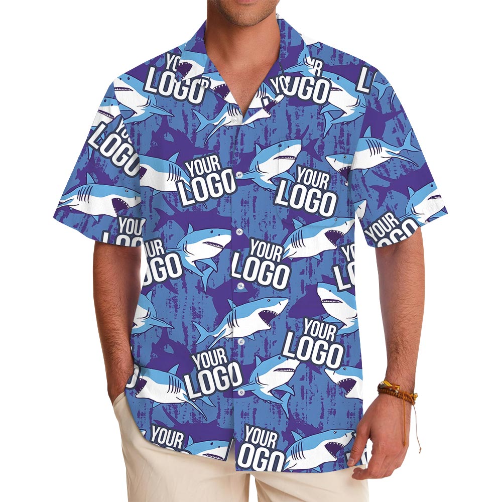 Custom Logo Blue Ocean Shark Hawaiian Shirt - variant image 1