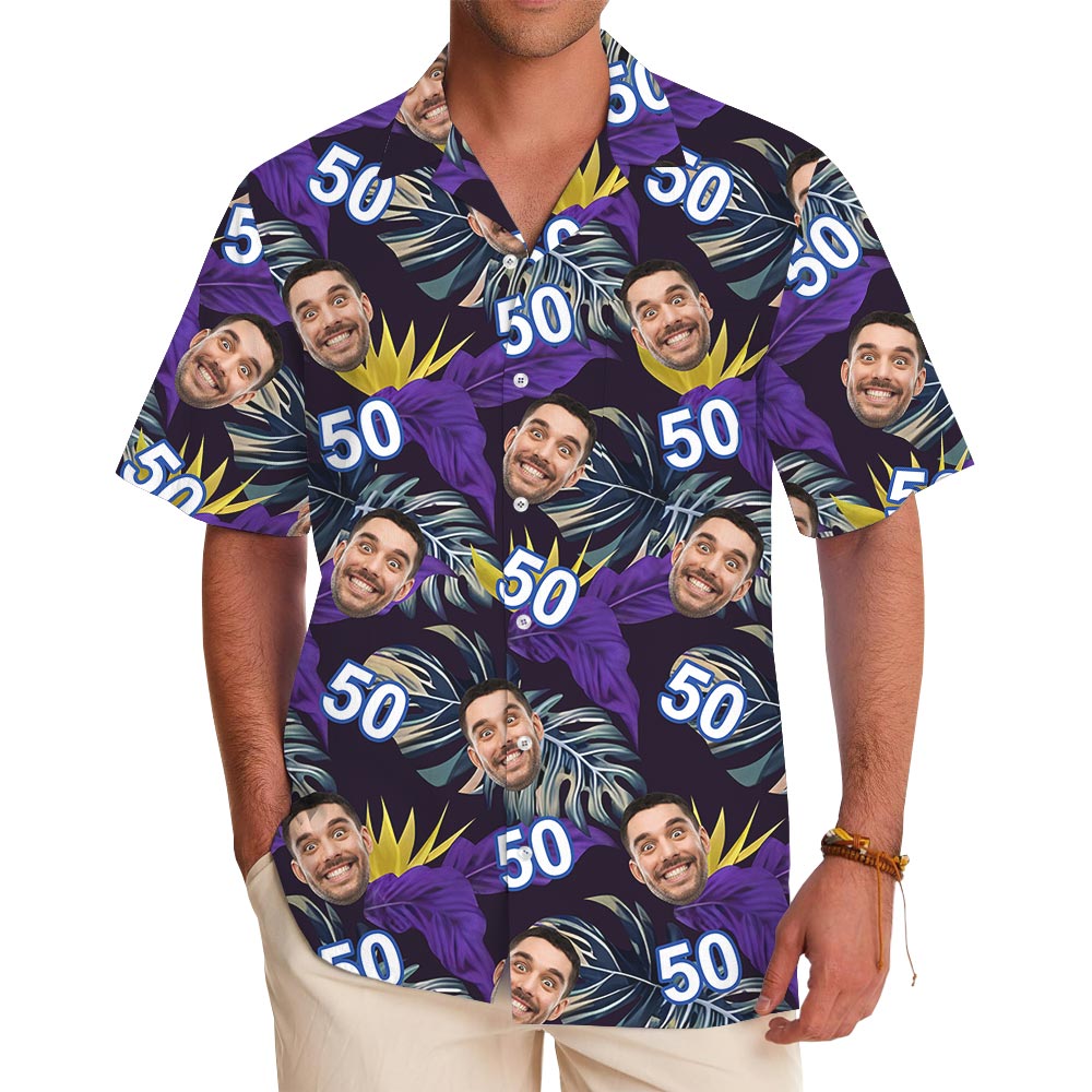 Custom Face And Age Purple Leaves Tropical Shirt - variant image 1
