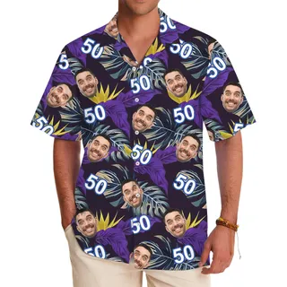 Custom Face And Age Purple Leaves Tropical Shirt