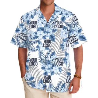 Design Company Logo Blue Tropical White Hawaiian Shirt