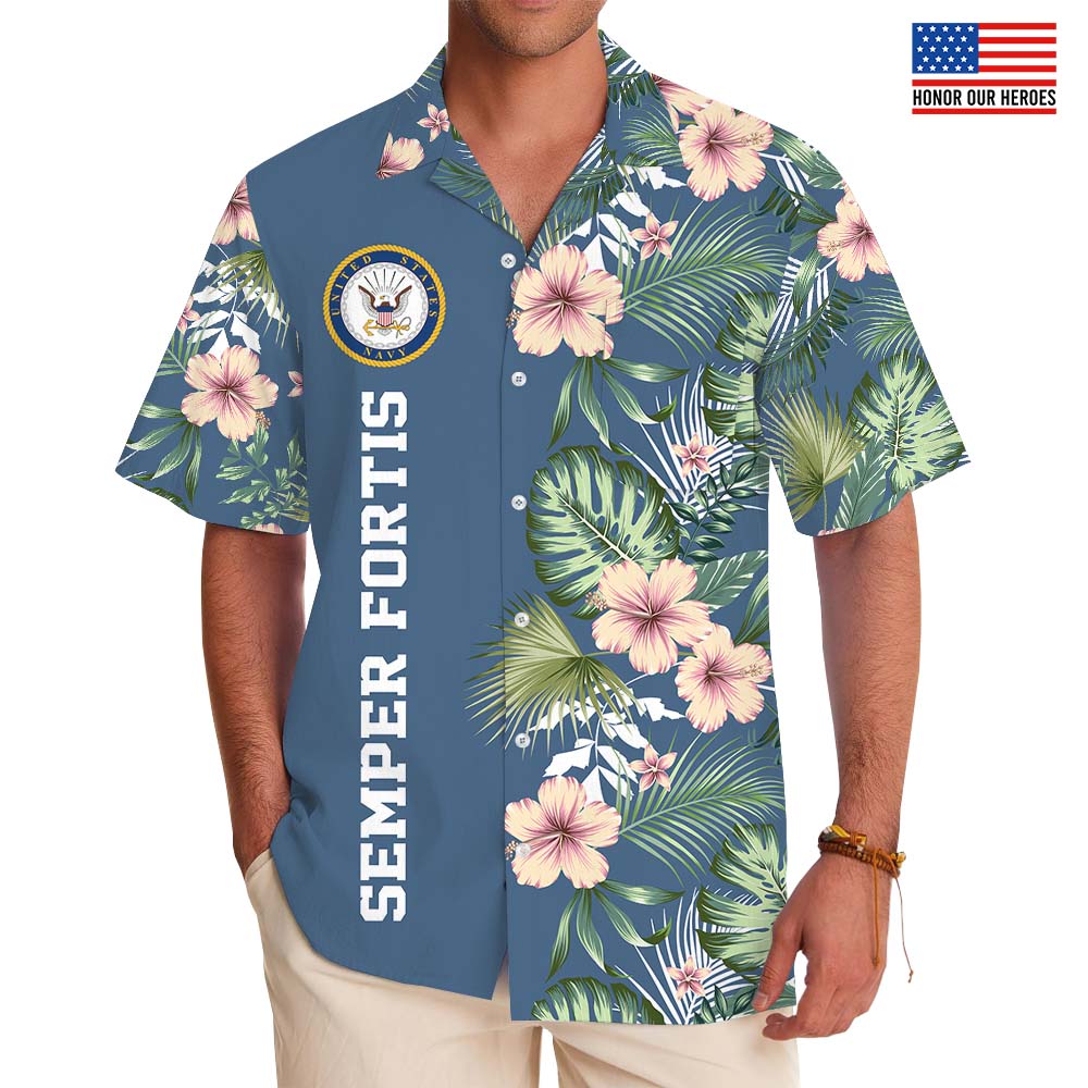Custom Logo And Slogan Navy Military Hawaiian Shirt - variant image 1