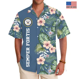 Custom Logo And Slogan Navy Military Hawaiian Shirt