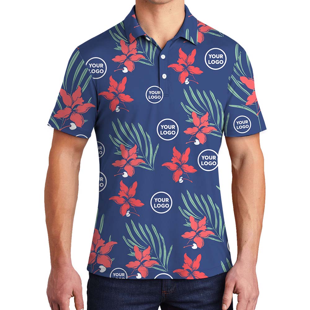 Floral Navy Men And Women Polo Shirt With Face - variant image 1