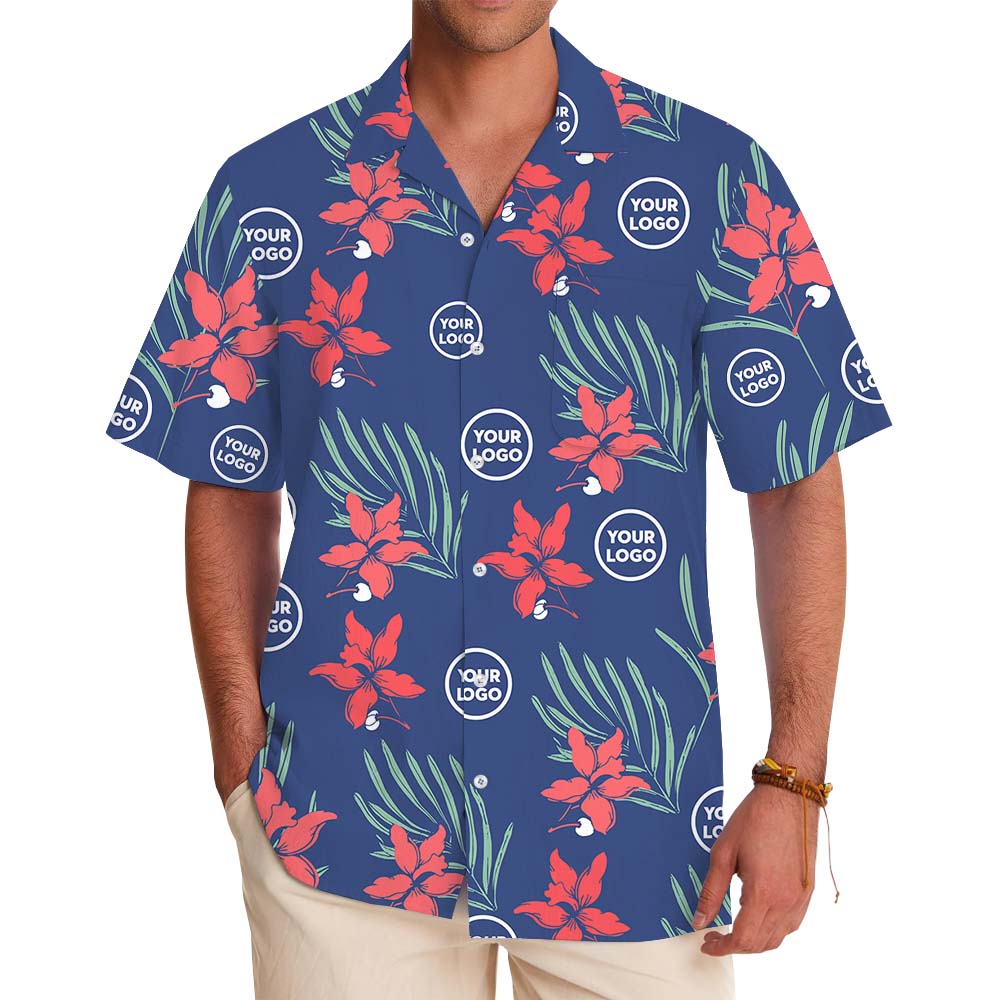 Navy Blossom Hawaiian Button Up Shirt With Logo - variant image 1